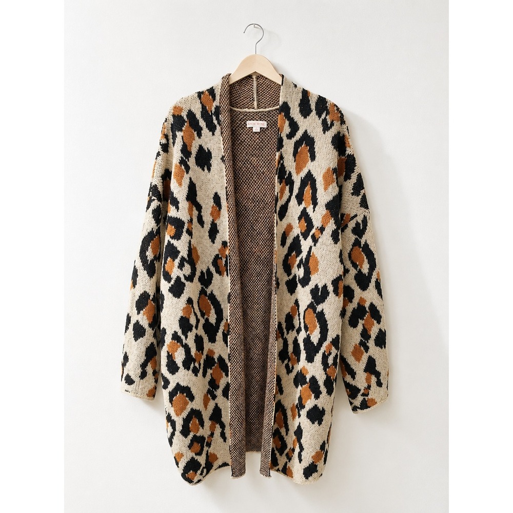 Knox Rose Cozy Leopard Animal Print Open Front Cardigan Ivory Tan Black Boho XL‎
